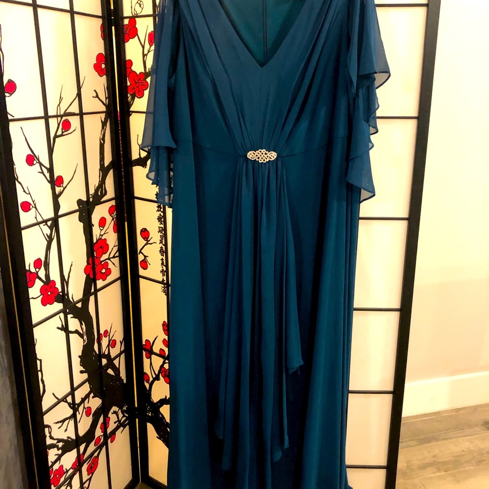 R&M Richards Teal Maxi Dress with Elegant Brooch